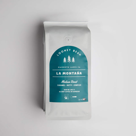 Looney Bean Mammoth medium roast coffee bag with white background. Fresh roasted in Mammoth Lakes